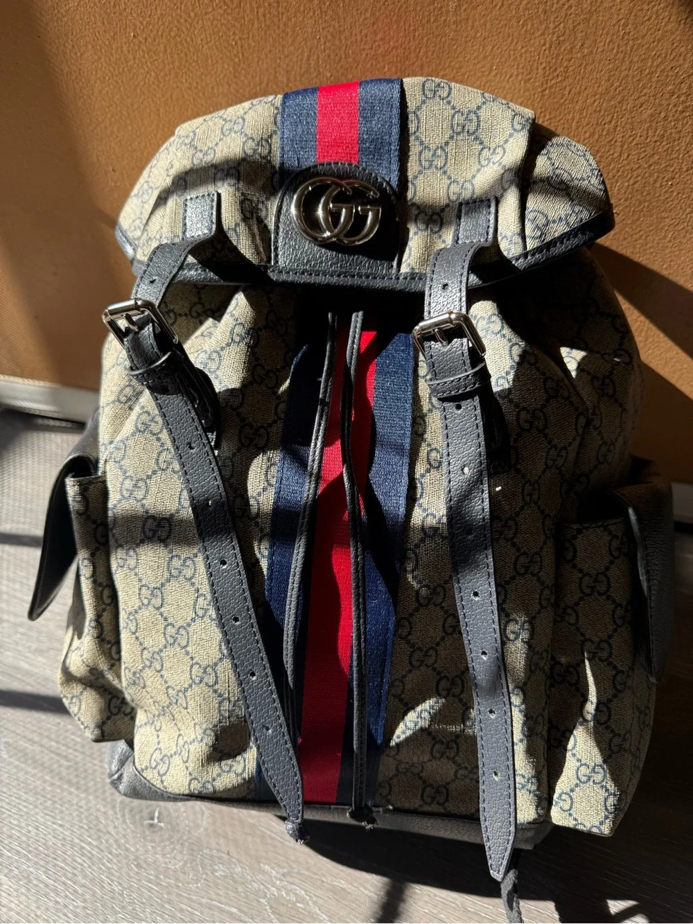 Gucci Beige GG Canvas Backpack with Blue and Red Web Stripe